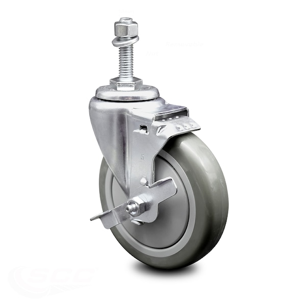 5 Inch Gray Polyurethane Wheel Swivel 10mm Threaded Stem Caster with Brake